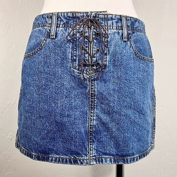 Y2K Vintage l.e.i Lace up Mini Denim Skirt - Picture 1 of 8